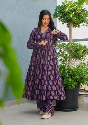 Navy Blue Printed Rayon Kurta Set