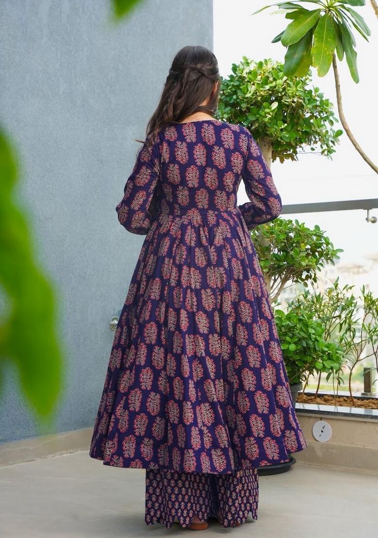 Navy Blue Printed Rayon Kurta Set - Indya
