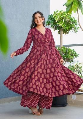 Maroon Printed Rayon Kurta Set