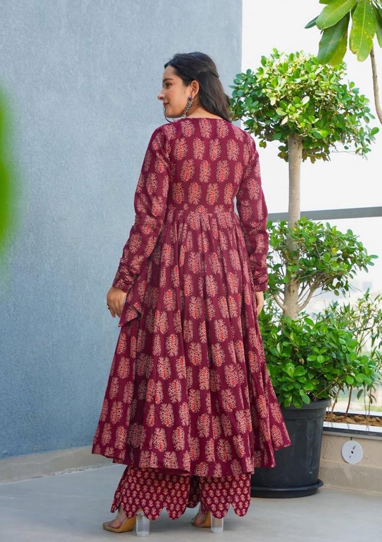 Maroon Printed Rayon Kurta Set - Indya