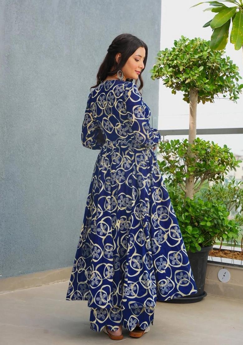 Blue Printed Rayon Kurta Set - Indya