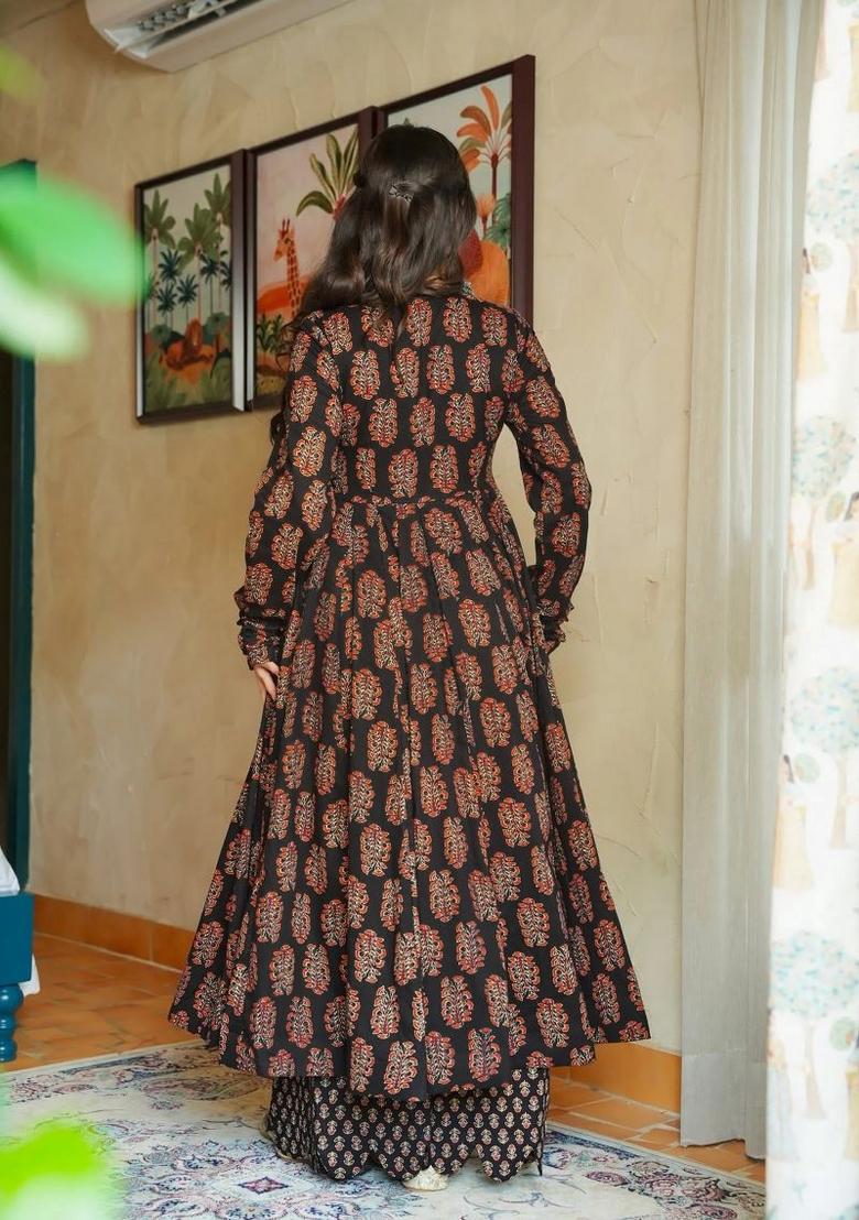 Black Printed Rayon Kurta Set - Indya
