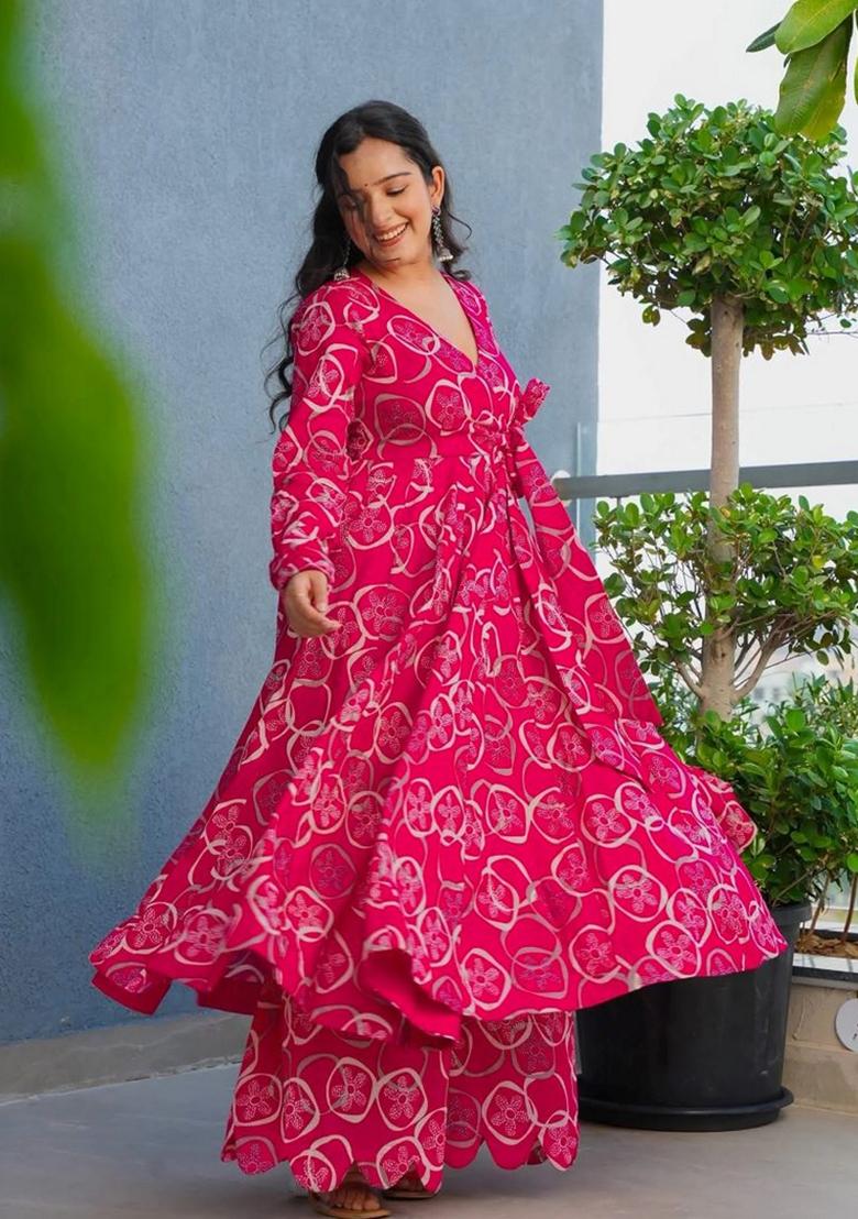 Pink Printed Rayon Kurta Set - Indya