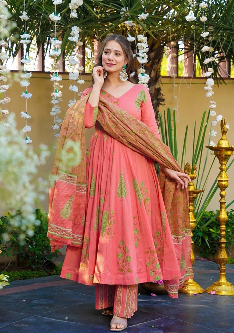 Peach Printed Muslin Kurta Set - Indya