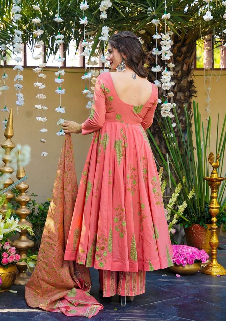 Peach Printed Muslin Kurta Set - Indya
