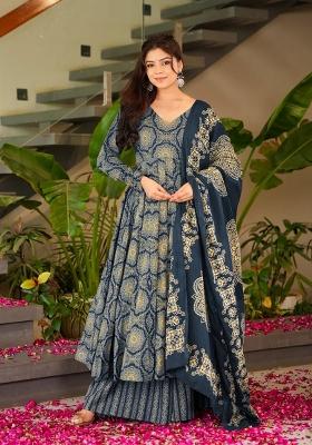Navy Blue Printed Muslin Kurta Set
