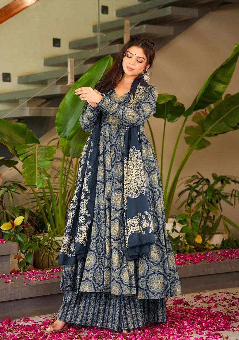 Navy Blue Printed Muslin Kurta Set - Indya