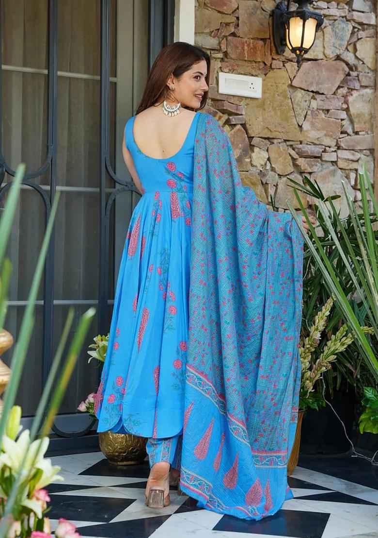 Sky Blue Printed Muslin Kurta Set - Indya