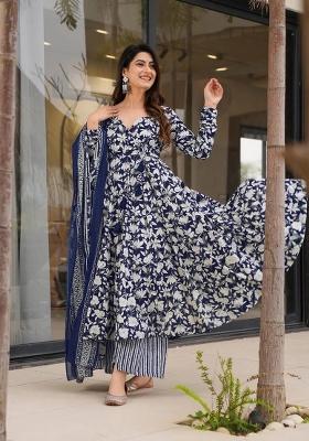 Dark Blue Printed Muslin Kurta Set