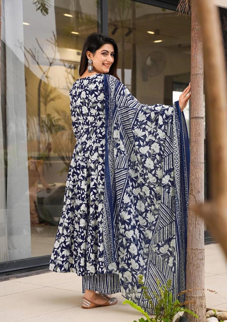 Dark Blue Printed Muslin Kurta Set - Indya