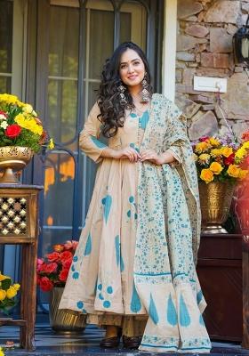 Beige Printed Muslin Kurta Set