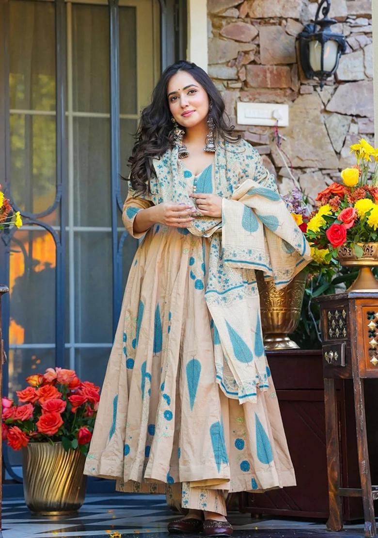 Beige Printed Muslin Kurta Set - Indya