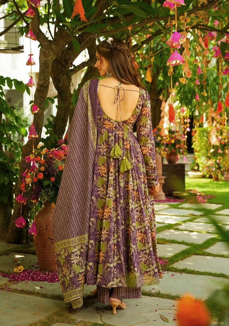 Dark Blue Printed Muslin Kurta Set - Indya