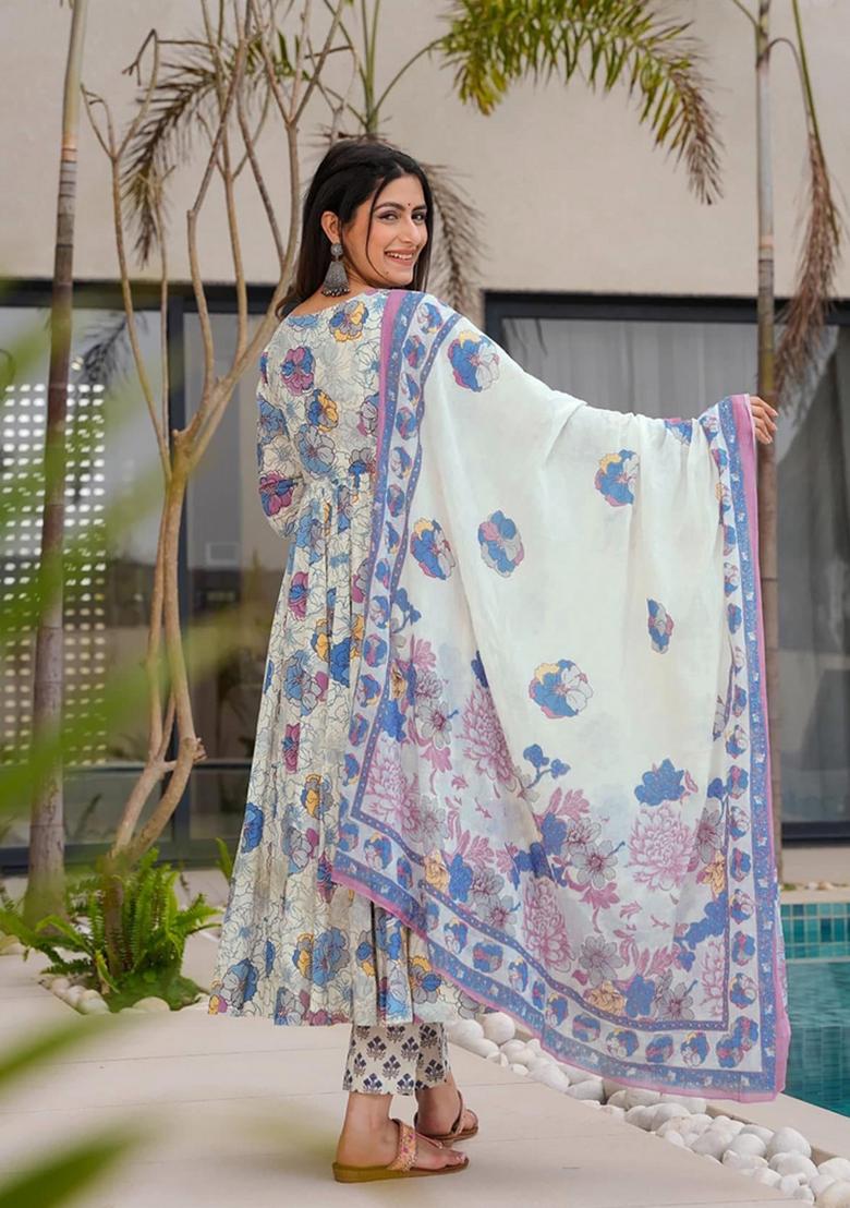 Dark White Printed Muslin Kurta Set - Indya