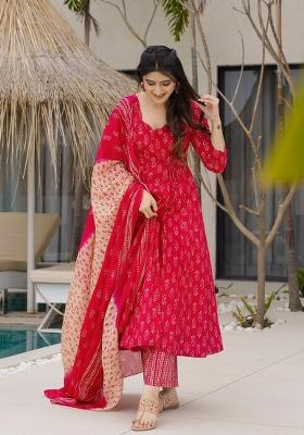 Red Printed Muslin Kurta Set