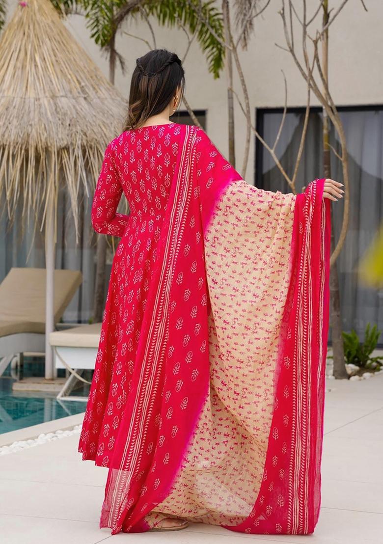 Red Printed Muslin Kurta Set - Indya
