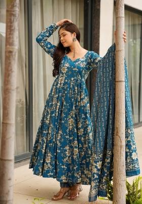 Blue Printed Muslin Kurta Set