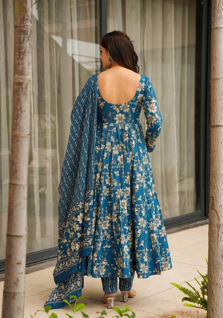 Blue Printed Muslin Kurta Set - Indya