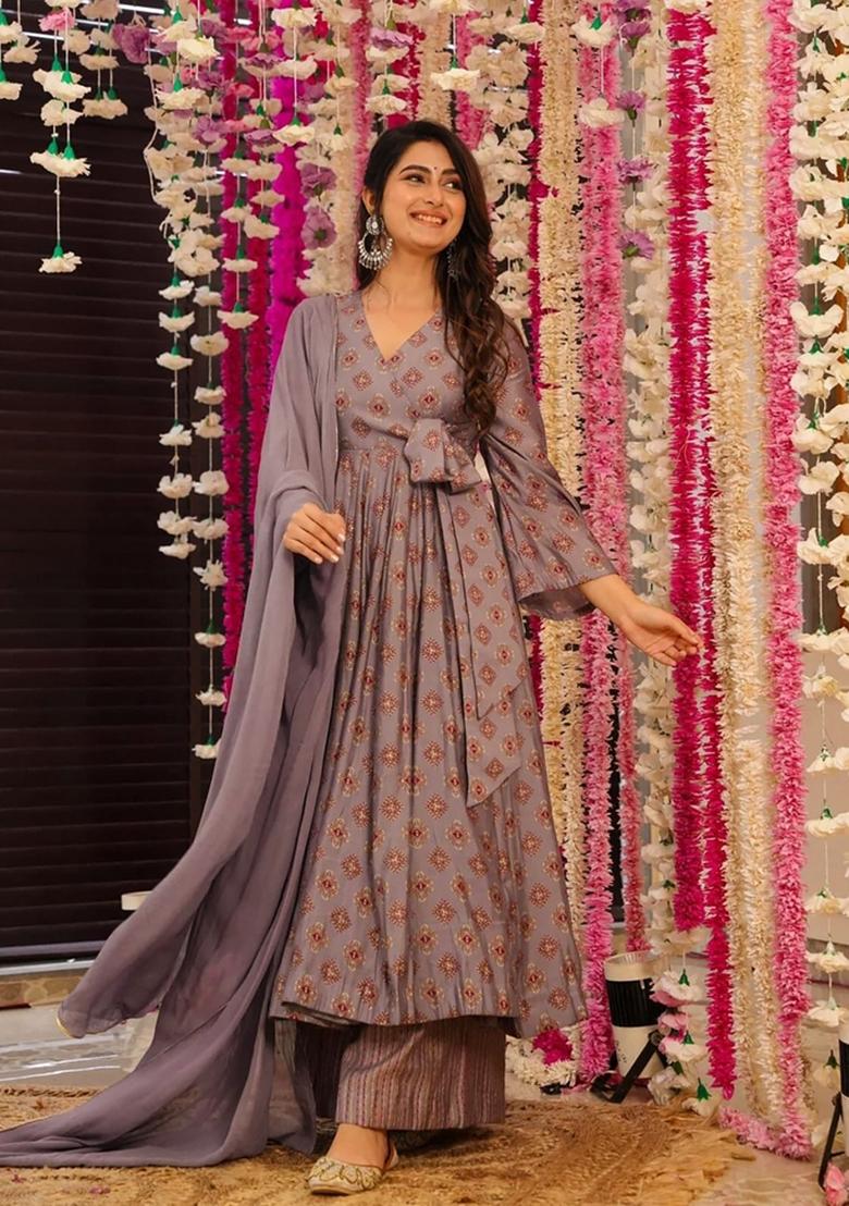 Purple Printed Muslin Kurta Set - Indya