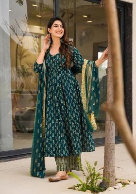 Dark Green Printed Muslin Kurta Set