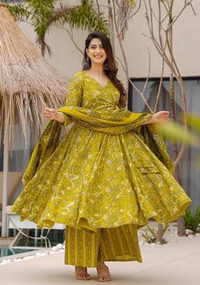 Lime Green Printed Muslin Kurta Set