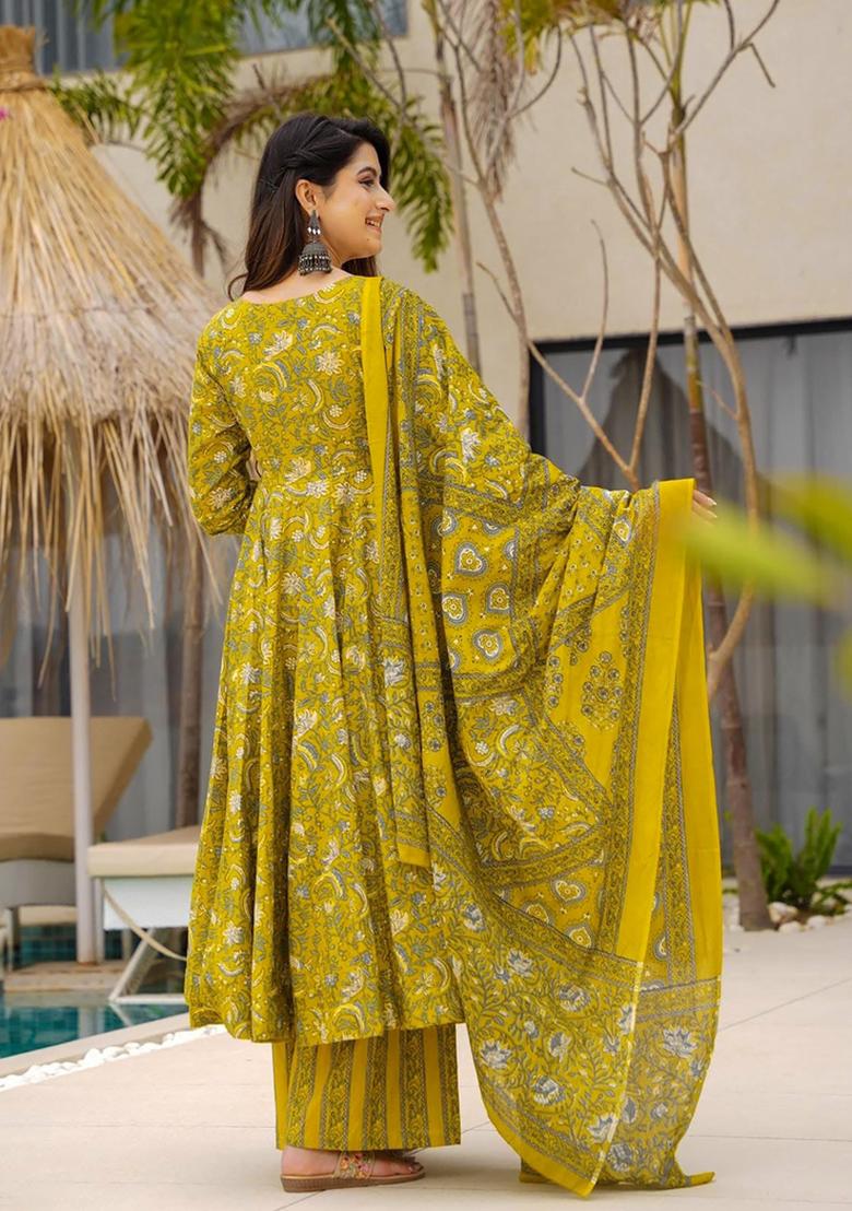 Lime Green Printed Muslin Kurta Set - Indya