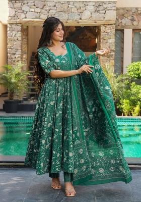 Dark Green Printed Muslin Kurta Set