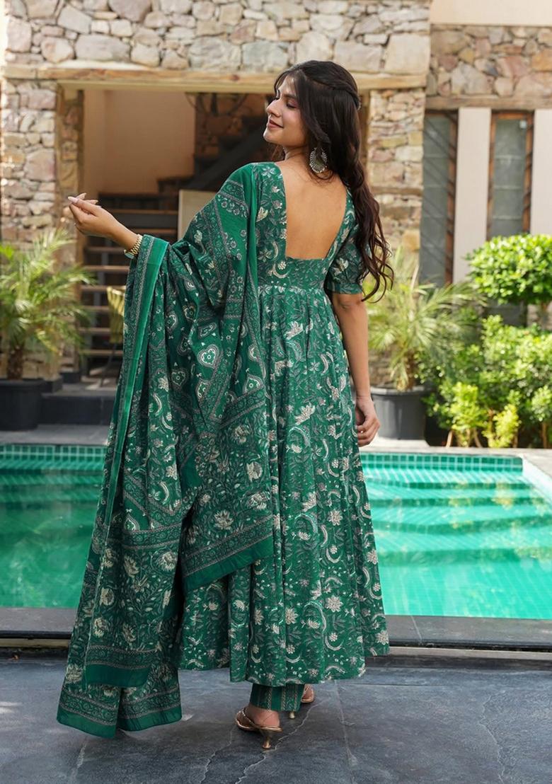 Dark Green Printed Muslin Kurta Set - Indya