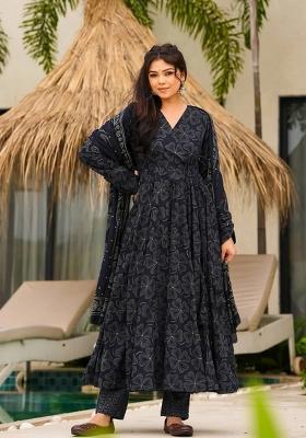 Navy Blue Printed Muslin Kurta Set