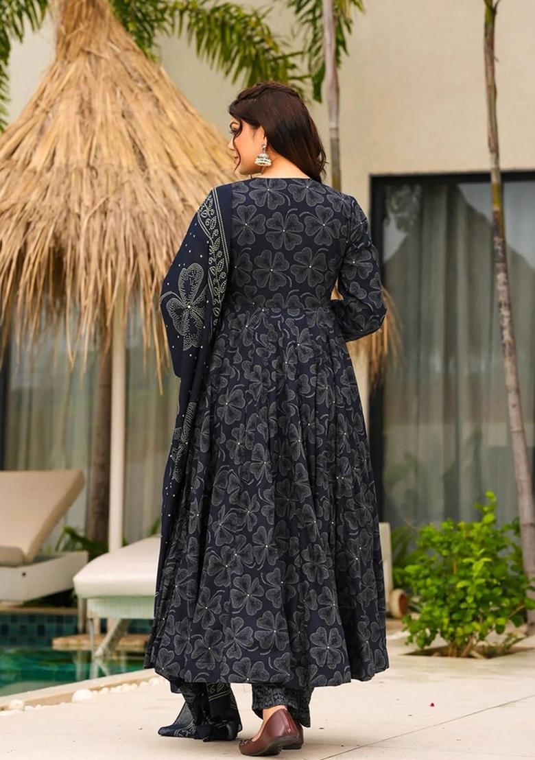Navy Blue Printed Muslin Kurta Set - Indya