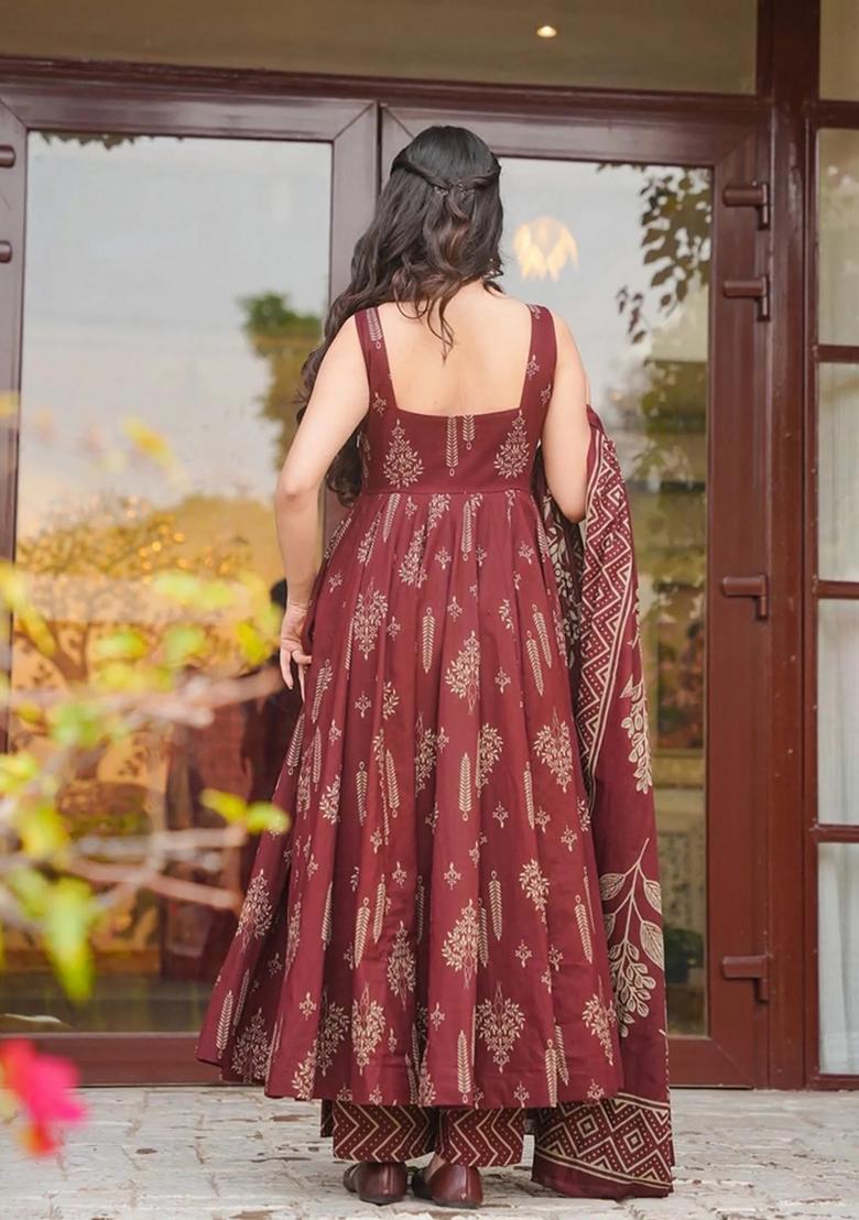 Maroon Printed Muslin Kurta Set - Indya