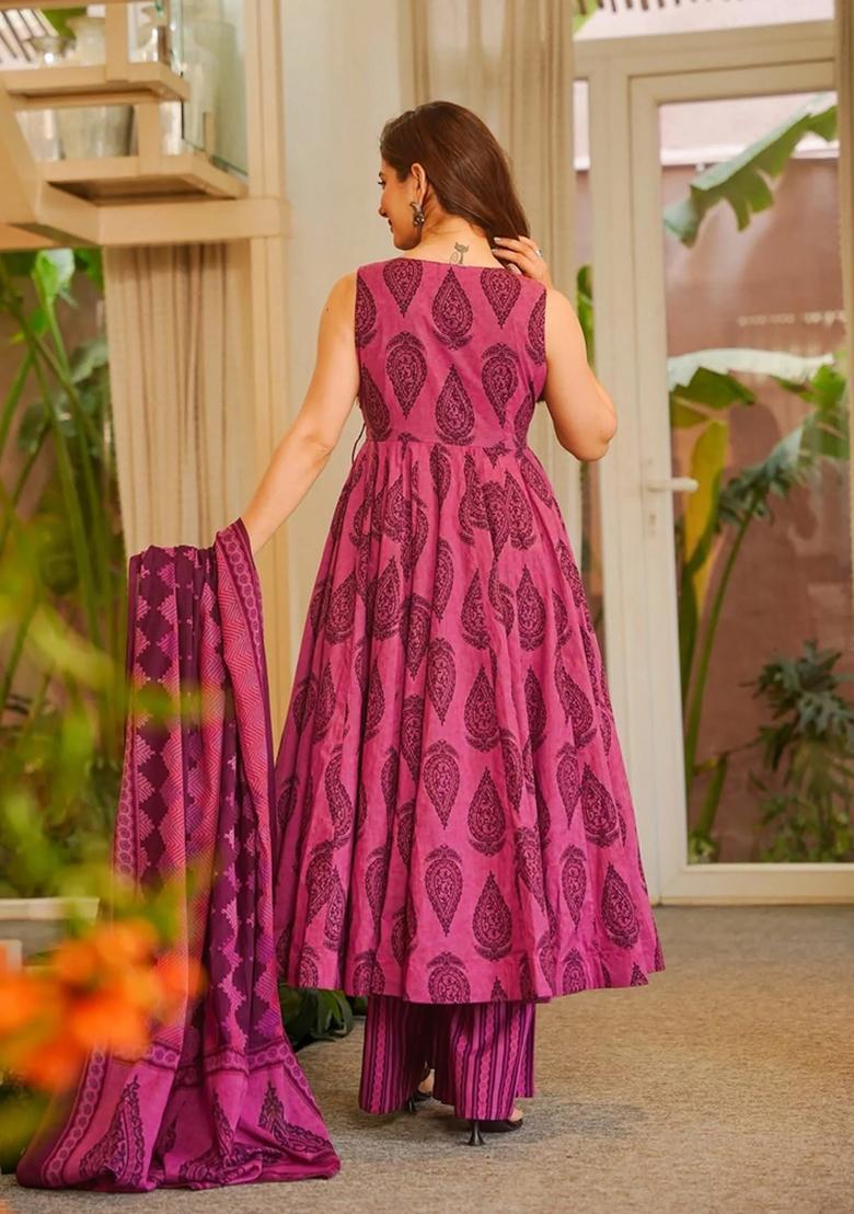 Magenta Printed Muslin Kurta Set - Indya
