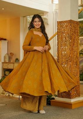 Dark Yellow Printed Muslin Kurta Set
