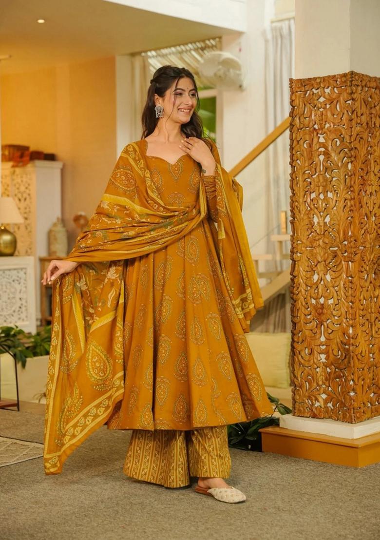 Dark Yellow Printed Muslin Kurta Set - Indya