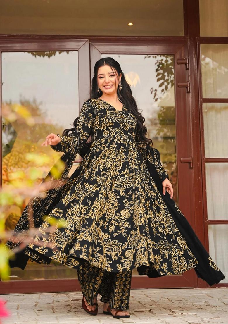 Navy Blue Printed Muslin Kurta Set - Indya