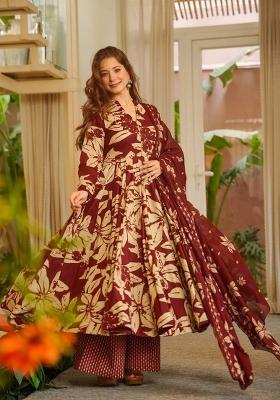 Maroon Printed Muslin Kurta Set