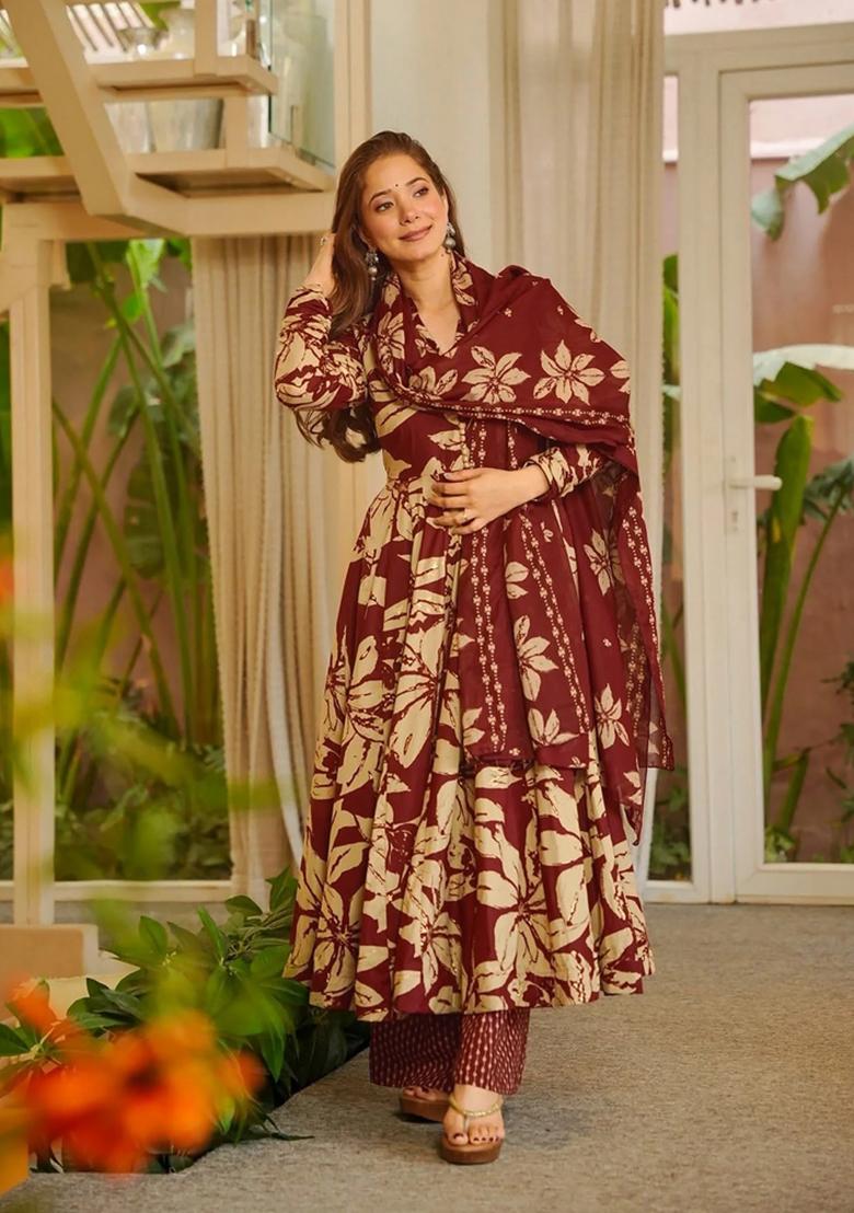 Maroon Printed Muslin Kurta Set - Indya