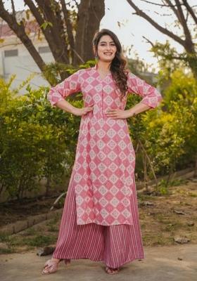 Pink Printed Rayon Kurta Set