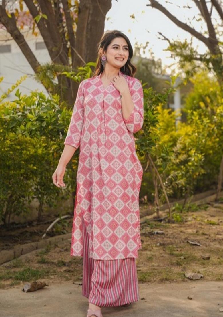 Pink Printed Rayon Kurta Set - Indya