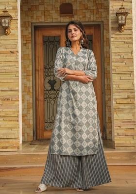 Grey Printed Rayon Kurta Set