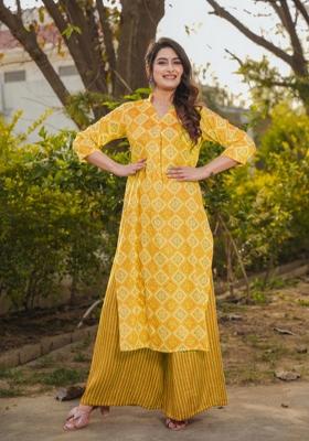 Yellow Printed Rayon Kurta Set