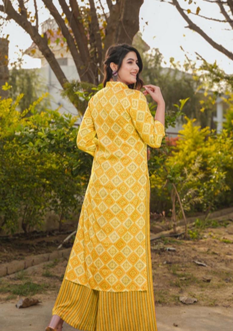 Yellow Printed Rayon Kurta Set - Indya