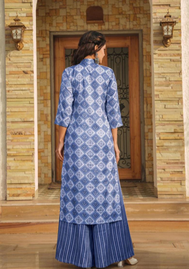 Blue Printed Rayon Kurta Set - Indya