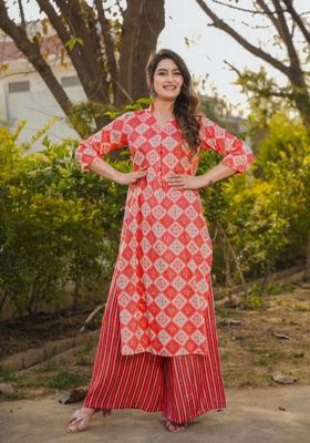 Red Printed Rayon Kurta Set