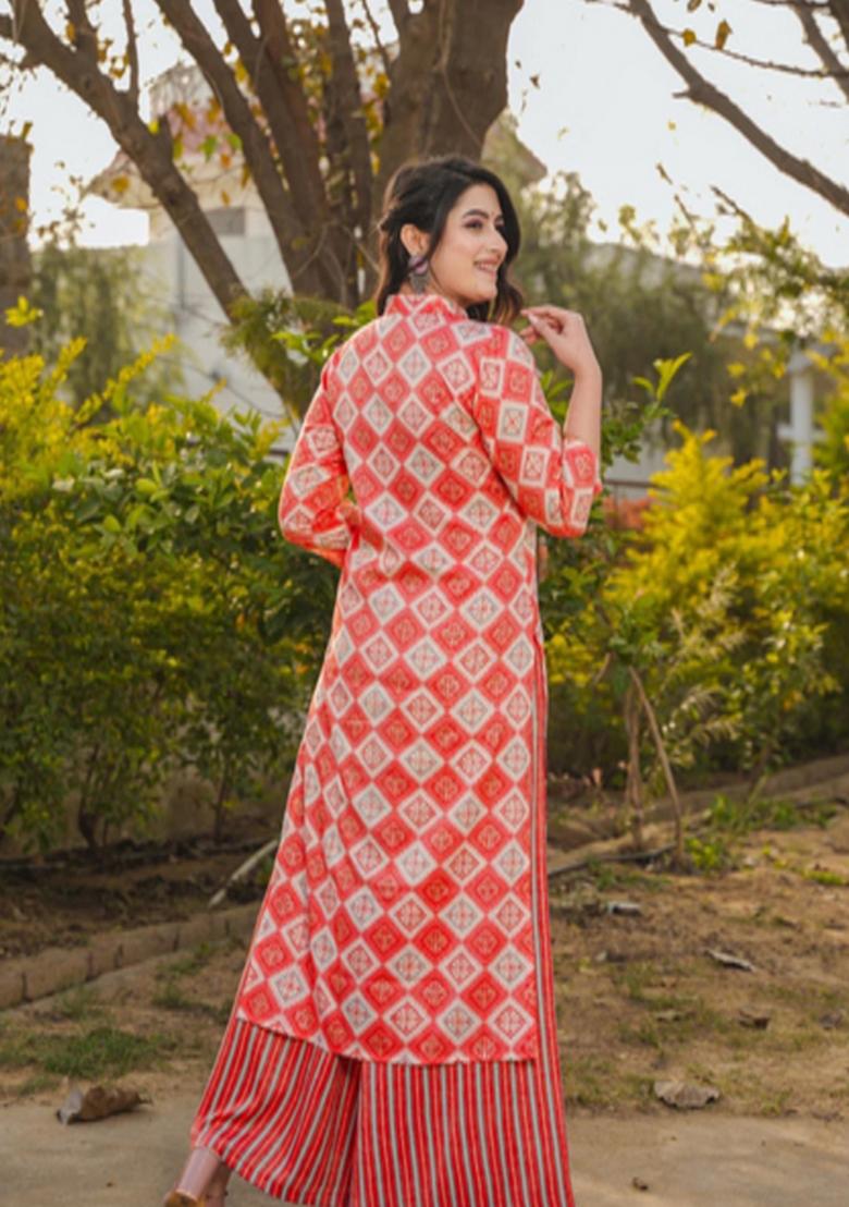 Red Printed Rayon Kurta Set - Indya