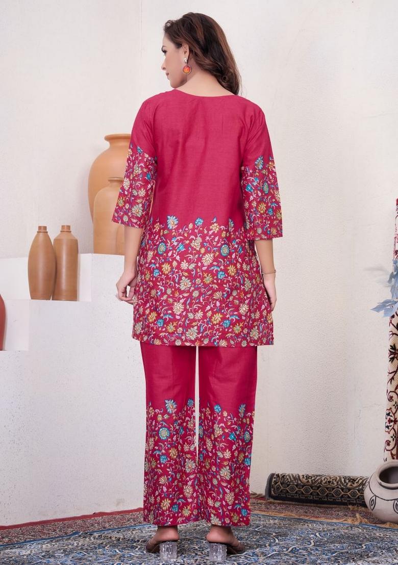 Pink Printed Cotton Kurta Set - Indya