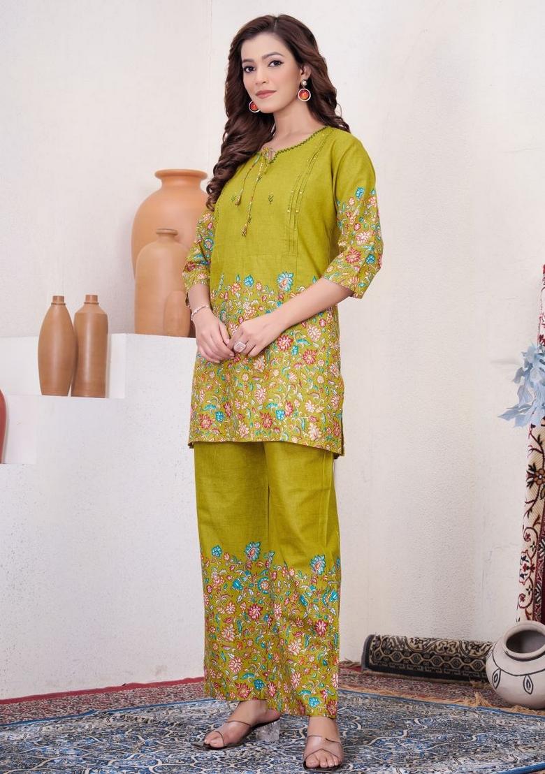 Lime Green Printed Cotton Kurta Set - Indya
