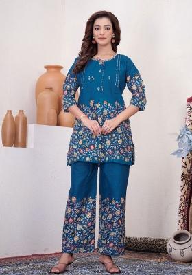 Blue Printed Cotton Kurta Set