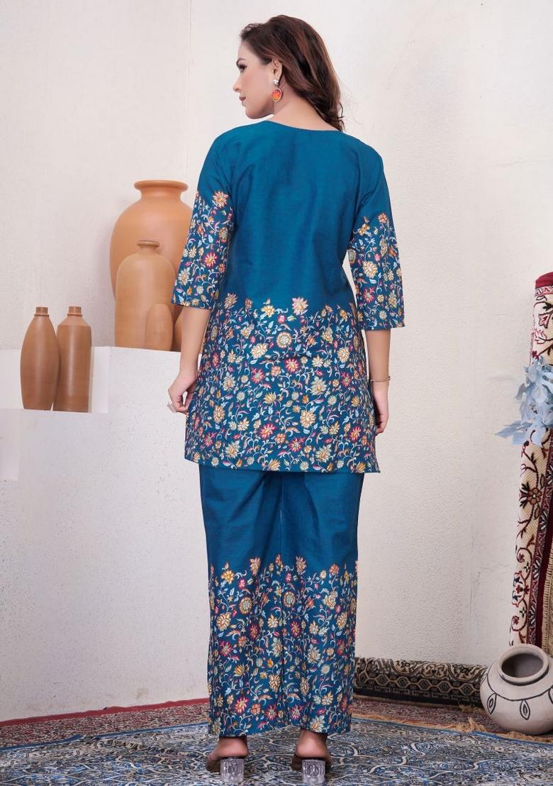 Blue Printed Cotton Kurta Set - Indya