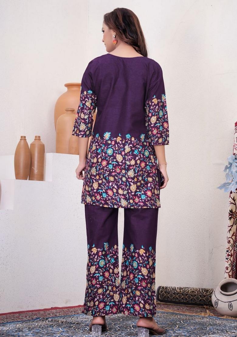 Dark Blue Printed Cotton Kurta Set - Indya